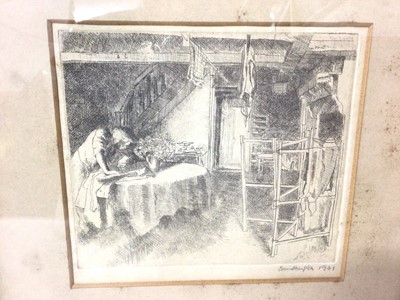 Lot 156 - Jean Harper (1921-2005) pair of signed etchings - interiors, signed and dated 1941, 15cm square and 12cm x 13cm, in glazed frames