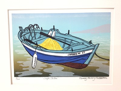 Lot 169 - Penny Berry Paterson (1941-2021) colour linocut print, Corfu Calm, signed and numbered 9/20, image measures 24 x 16cm, with mount