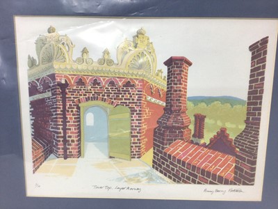Lot 171 - Penny Berry Paterson (1941-2021) colour linocut print, Tower top, Layer Marney, signed and numbered 3/10, 27 x 38cm