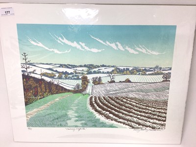 Lot 177 - Penny Berry Paterson (1941-2021) colour linocut print, Snowy Suffolk, signed and numbered 15/17, image 33 x 45.5cm
