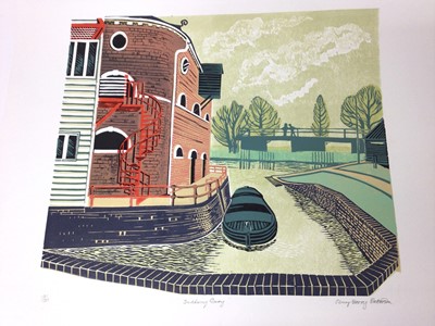 Lot 178 - Penny Berry Paterson (1941-2021) colour linocut print, Sudbury Quay, signed and numbered 13/30, 28 x 41cm