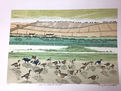 Lot 181 - Penny Berry Paterson (1941-2021) colour linocut print, Geese at Titchwall Marshes, signed artist proof, image 23 x 48cm