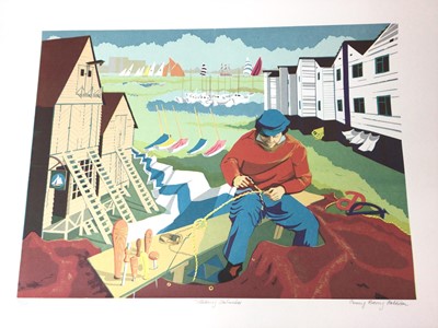Lot 185 - Penny Berry Paterson (1941-2021) colour linocut print, Tollesbury Sailmaker, signed and numbered 17/20, image 42 x 57cm