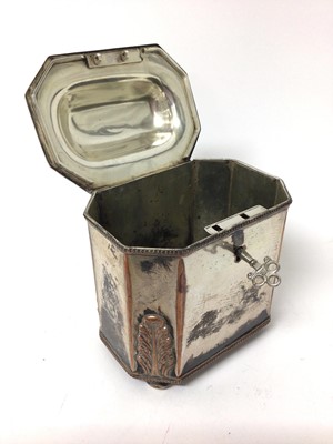 Lot 210 - 19th century silver on copper tea caddy of octagonal box form with acanthus decoration raised on bun feet  14 cm high- with key