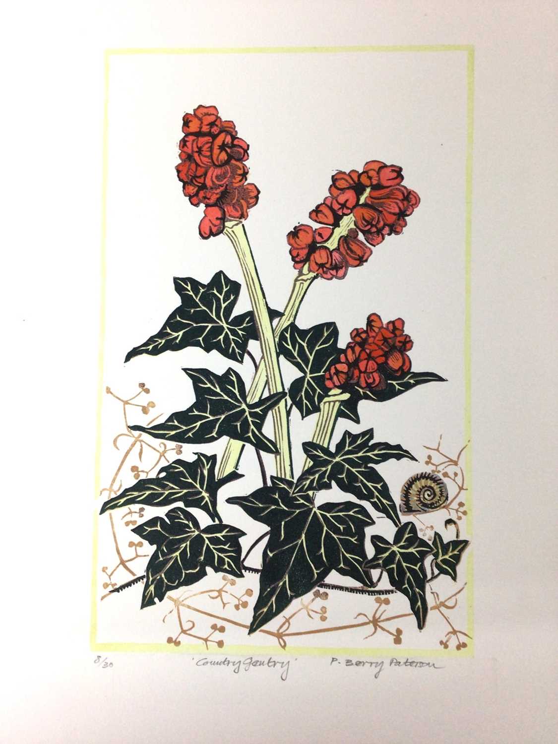 Lot 187 - Penny Berry Paterson (1941-2021) colour linocut, Country Gentry, signed and numbered 8/30, image 28.5 x 17.5cm
