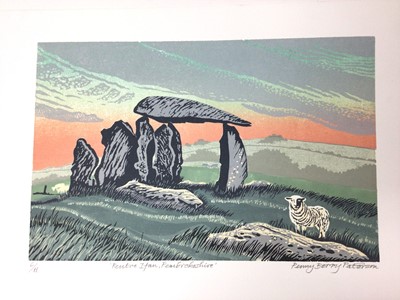Lot 189 - Penny Berry Paterson (1941-2021) colour linocut, Pentre Ifan, Pembrokeshire, signed and numbered 6/11, image 32.5 x 21cm