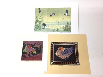 Lot 190 - Penny Berry Paterson (1941-2021) three colour linocuts, including Sky Dance, 25.5 x 18cm, Mother Hen, 17.5 x 14.5cm, and Chicken Chasing, 13 x 13cm, each signed and numbered