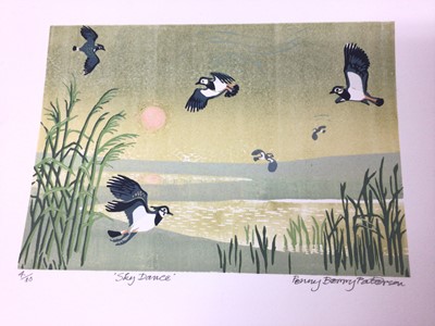 Lot 190 - Penny Berry Paterson (1941-2021) three colour linocuts, including Sky Dance, 25.5 x 18cm, Mother Hen, 17.5 x 14.5cm, and Chicken Chasing, 13 x 13cm, each signed and numbered