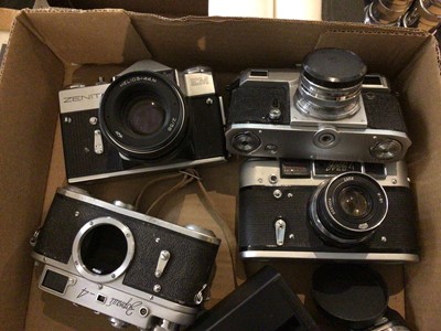 Lot 2697 - Quantity of vintage Russian/Soviet cameras, lenses and accessories, including Fed, Zenit and Lubitel
