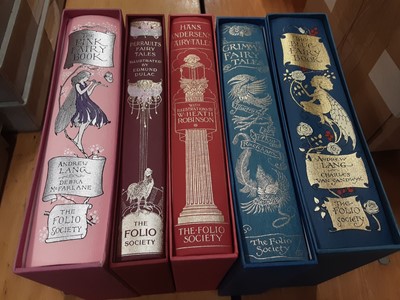Lot 1662 - Books - Folio Society, Perrault Fairy Tales, Hans Andersen's Fairy Tales, The Pink Fairy Book, The Blue Fairy Book and Grimm's Fairy Tales, all with slip cases (5 books)