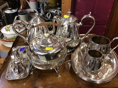 Lot 575 - Silver plated spirit kettle, tea set, entree dish and other plated ware