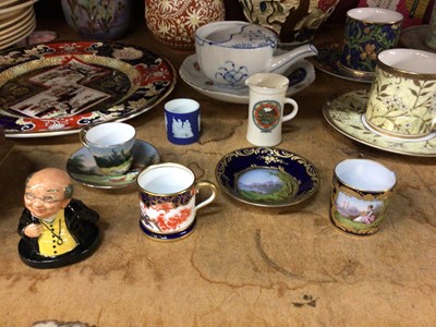 Lot 573 - Group of mixed ceramics to include Royal Crown Derby miniature cup, Clarice Cliff Wilkinson pottery items, V&A Collection cups and saucers and other ceramics.