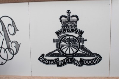 Lot 999 - 1950's / 60's Royal Artillery Company tray formed of three tiles, probably Poole Pottery, mounted in frame by Hubert H. Grover, 55cm in length