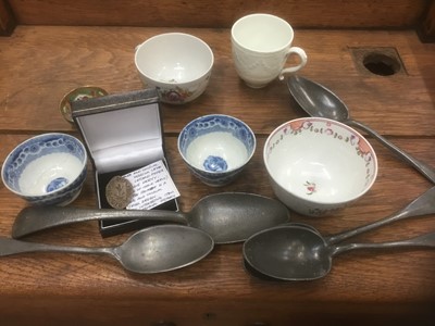 Lot 202 - Lowestoft porcelain teabowl, other porcelain together with a mediaeval seal and group of 18th and later pewter spoons