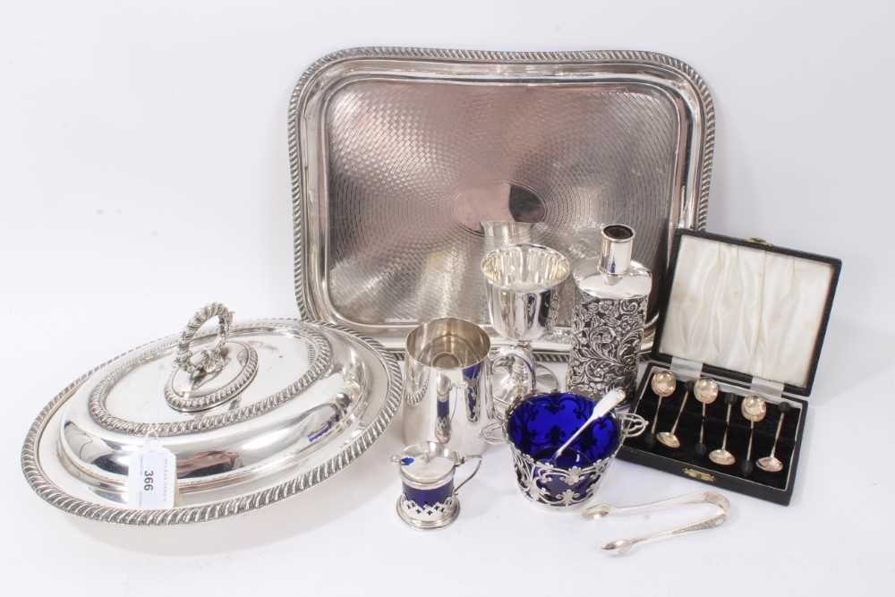 Lot 366 - Cased set of six silver bean end coffee spoons, silver covered scent bottle, sugar basket and mustard pot