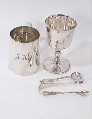 Lot 366 - Cased set of six silver bean end coffee spoons, silver covered scent bottle, sugar basket and mustard pot