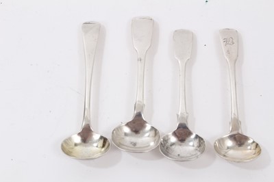 Lot 367 - Silver mustard pot and matching silver salt, both with blue glass liners, silver pepperette and silver condiment spoons