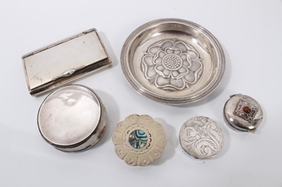 Lot 309 - 1960s silver dish with Tudor rose decoration, German silver (935) box, four silver and white metal circular trinket pots (6)