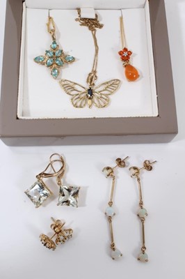 Lot 319 - Three 9ct gold gem set pendants on 9ct gold chains and three pairs of 9ct gold earrings