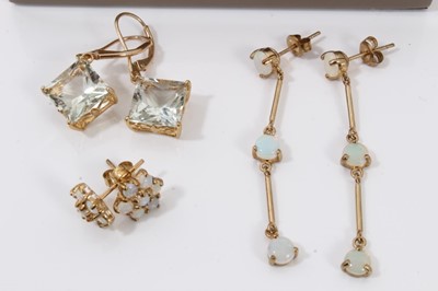 Lot 319 - Three 9ct gold gem set pendants on 9ct gold chains and three pairs of 9ct gold earrings