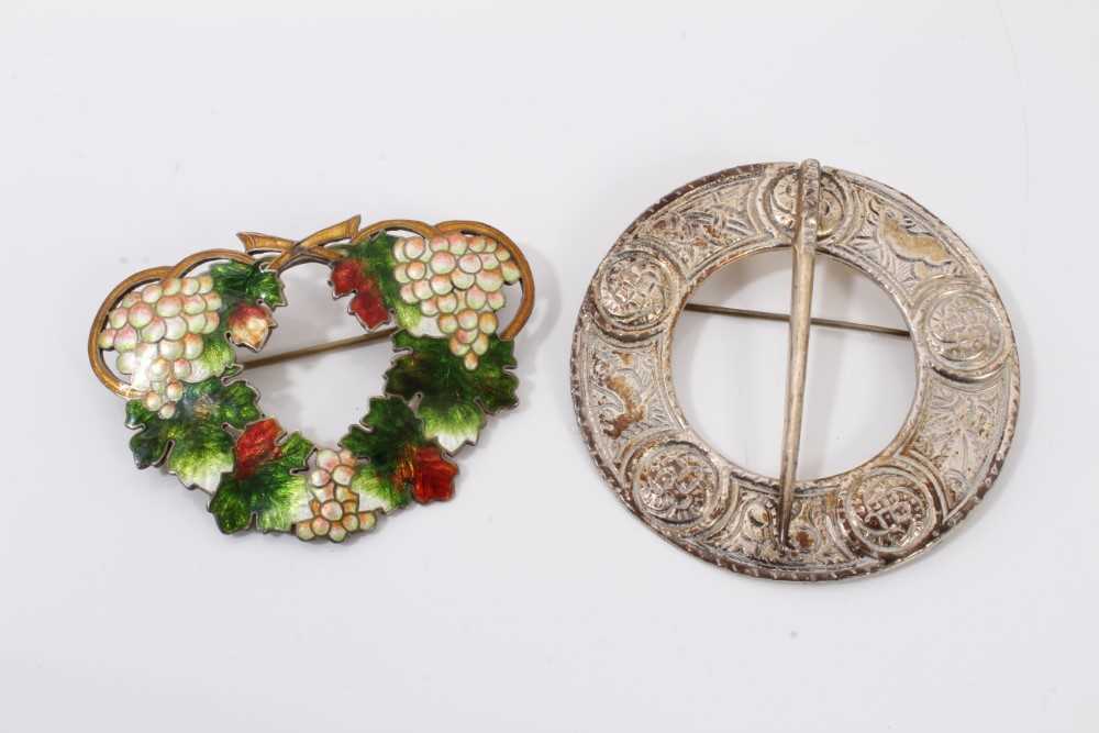 Lot 324 - Charles Horner silver gilt enamelled brooch with grapevine decoration and Scottish style silver kilt pin brooch