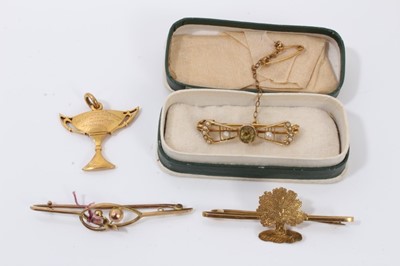 Lot 334 - Edwardian seed pearl and citrine brooch, 15ct gold tree brooch and 9ct gold bar brooch, together with 9ct gold Clacton District Charity Cup pendant