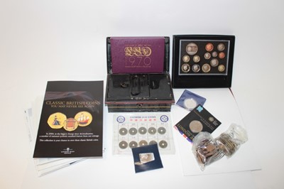 Lot 525 - World - Mixed coinage to include G.B. Royal Mint proof sets 1970, 2010, silver Crown George V 1935 GEF, silver world Crowns and others (qty)