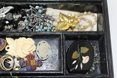 Lot 353 - Two Victorian leather jewellery boxes containing antique and vintage jewellery together with other cosume jewellery and bijouterie