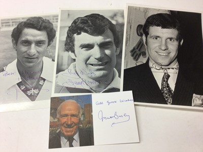 Lot 1431 - Autograph selection of football items including Matt Busby, signed 1987 on Manchester United headed notepaper, Matt Busby signed photo Peter Osgood signed photo, Ossie Ardeles signed photo, Stanley...