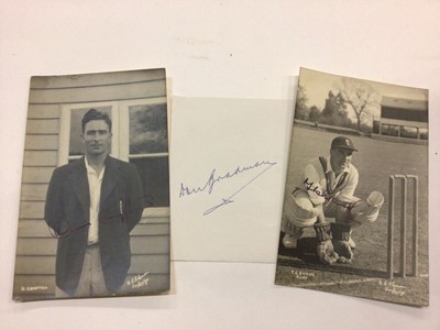 Lot 1429 - Autographs cricket a selection of earlier items including Middlesex 1949, Kent 1949, Best wishes Len Hutton (piece), Don Bradman (piece), Dennis Compton (postcard), TG Evans (postcard), Sutcliffe (...