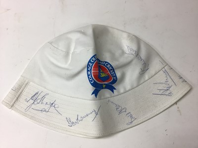 Lot 1430 - Autographs good selection of 1980s cricket including signed Courage Old England XI hat with Tom Graveney, Basil d'Oliviera, Fred Titmus and others, various team sheets signed.  Test match Commentat...