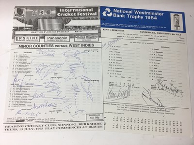 Lot 1430 - Autographs good selection of 1980s cricket including signed Courage Old England XI hat with Tom Graveney, Basil d'Oliviera, Fred Titmus and others, various team sheets signed.  Test match Commentat...