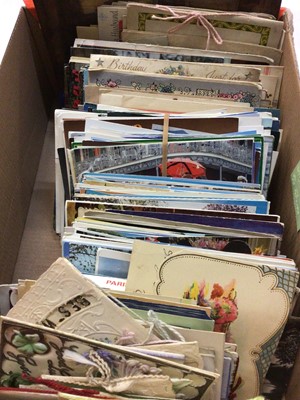Lot 1408 - Postcards loose accumulation in shoebox including real photographic topography, military WWI silk cards, WWI French cards LL greetings cards, Mickey Mouse (x2), Bonzo etc.  Real photographic portra...