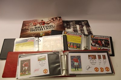 Lot 1364 - World mixed football related stamp covers to include the 2002 World Cup Collection, Manchester Utd 2002/3, 2004/5, Victory card collections and teh British & Lions DVD and book in presentation albu...