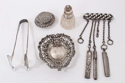 Lot 368 - Victorian white metal chatelaine, pierced silver bonbon dish, white metal trinket box, silver collared glass scent bottle and pair of silver plated sardine tongs