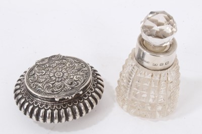 Lot 368 - Victorian white metal chatelaine, pierced silver bonbon dish, white metal trinket box, silver collared glass scent bottle and pair of silver plated sardine tongs