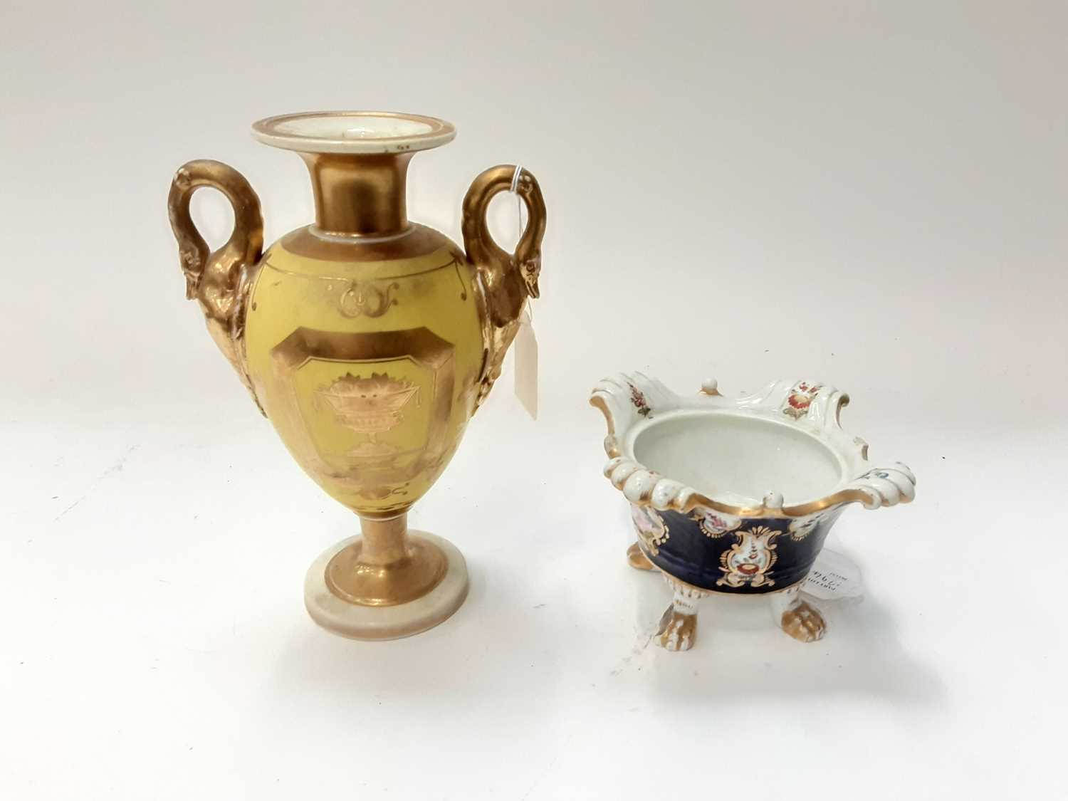 Lot 1294 - 19th century English porcelain vase on matt yellow ground with gilt decoration together with a dish on four hoof feet, possibly by Derby (2)