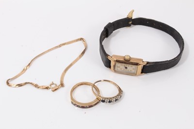Lot 370 - 9ct gold cased vintage wristwatch, two 9ct gold gem set rings and 9ct gold bracelet