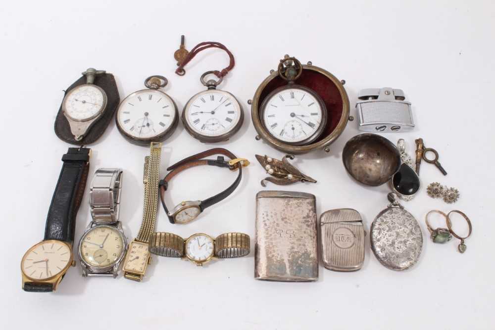 Lot 371 - Two silver cased pocket watches, other vintage watches, two silver vesta cases, silver locket and other bijouterie