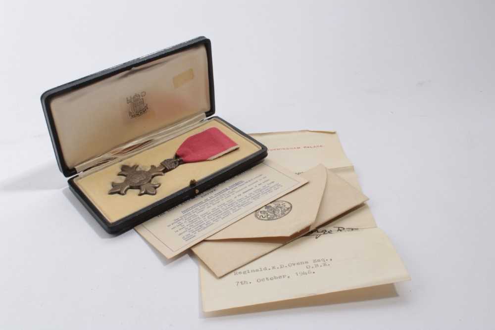 Lot 694 - Most Excellent Order of the British Empire Officers' (O.B.E.) medal in Royal Mint box of issue, together with papers relating to the recipient Mr Reginald Edwin Digby Ovens, dated 7th October 1946.