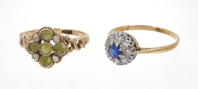 Lot 574 - Sapphire and diamond cluster ring and a peridot and diamond ring