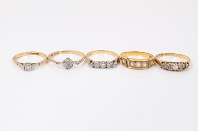 Lot 575 - Victorian pearl and diamond ring and four other gold and gem set rings (5)