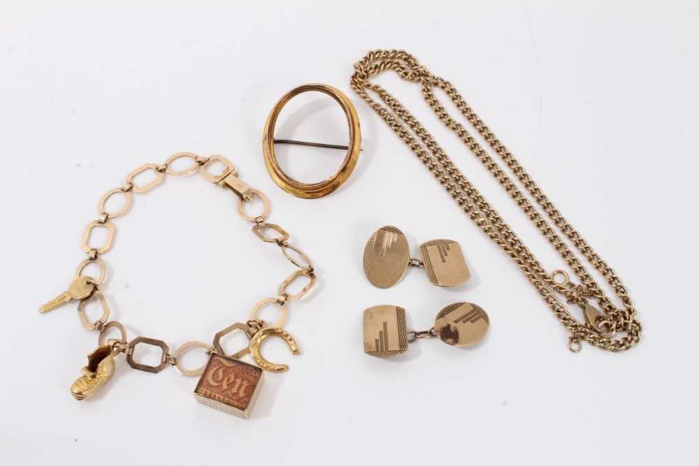 Lot 378 - Group 9ct gold jewellery to include a charm bracelet, pair cufflinks, chain and brooch mount
