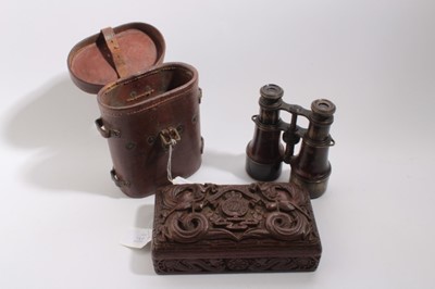 Lot 691 - Interesting Indian carved wooden box with motto and badge for the Madras Sappers and Miners, together with a pair of binoculars dated 1917