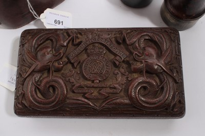 Lot 691 - Interesting Indian carved wooden box with motto and badge for the Madras Sappers and Miners, together with a pair of binoculars dated 1917
