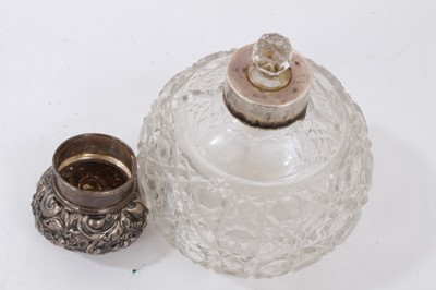 Lot 393 - Pair silver topped cut glass scent bottles, two others, silver pot with cover and double ended scent bottle