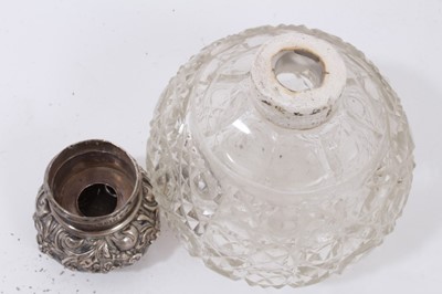Lot 393 - Pair silver topped cut glass scent bottles, two others, silver pot with cover and double ended scent bottle