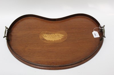 Lot 2583 - Kidney shaped mahogany tray with two brass handles, galleried edge and inlaid shell design, 55cm long
