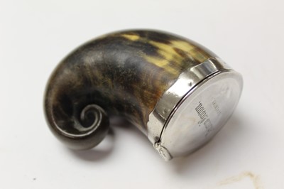 Lot 2601 - Antique horn snuff mull, with white metal hinged cover engraved 'Andrew Brown Daventry', 7cm long