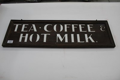 Lot 2606 - Vintage glass backed Cafe sign 'Tea, Coffee & Hot Milk', 66 x 22.5cm